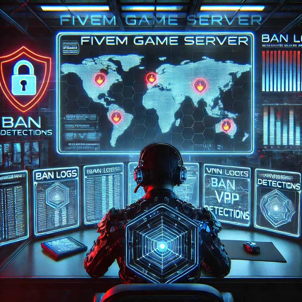 Globan Ban System. Security operator in a futuristic control room monitoring ban logs, VPN detection, and global alerts on a FiveM server via glowing holographic screens