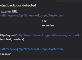 Discord alert for detected backdoor in FiveM